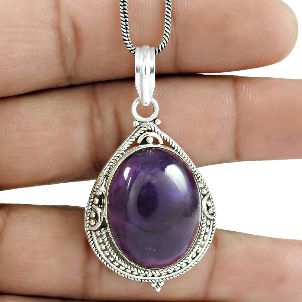 Natural Amethyst Gemstone 925 Sterling Silver Pendant Ethnic For Women I8