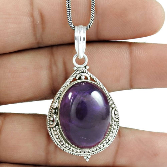 Natural Amethyst Gemstone 925 Sterling Silver Pendant Ethnic For Women I8