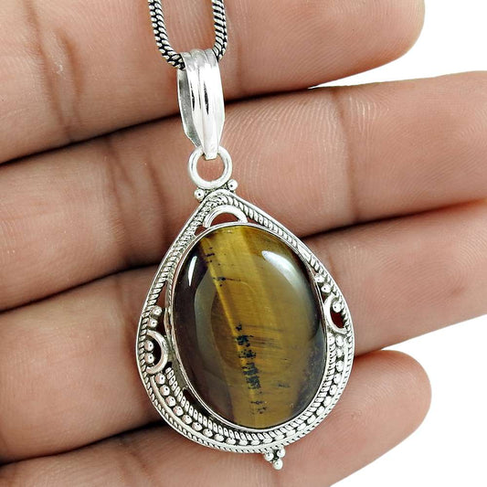 Natural Tiger'S Eye Gemstone Pendant 925 Sterling Silver Jewelry For Women Z10
