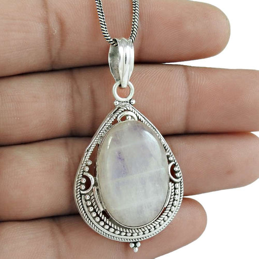 Natural Rainbow Moonstone Pendant 925 Sterling Silver For Girls B3