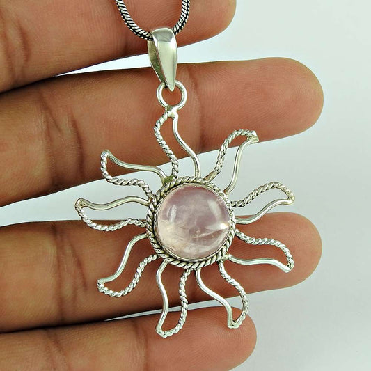 Gift For Her 925 Sterling Silver Natural Rose Quartz Gemstone Pendant Tribal H2