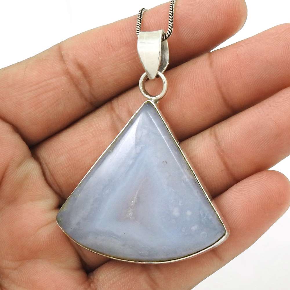 Birthday Gift For Her Natural Blue Lace Agate Pendant Tribal 925 Silver X10