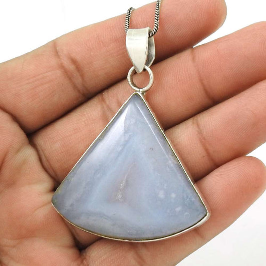 Birthday Gift For Her Natural Blue Lace Agate Pendant Tribal 925 Silver X10