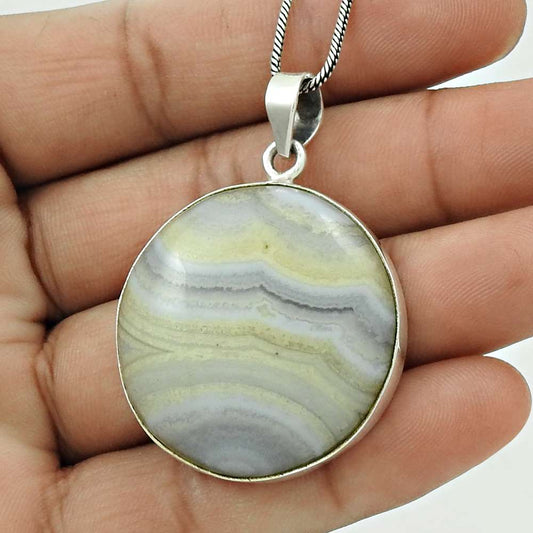 Natural Blue Lace Agate Gemstone Pendant Bohemian 925 Silver For Girls Z10