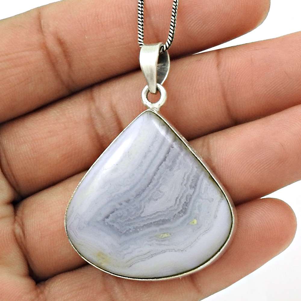 Natural Blue Lace Agate Gemstone Pendant Stylish 925 Silver For Girls A11