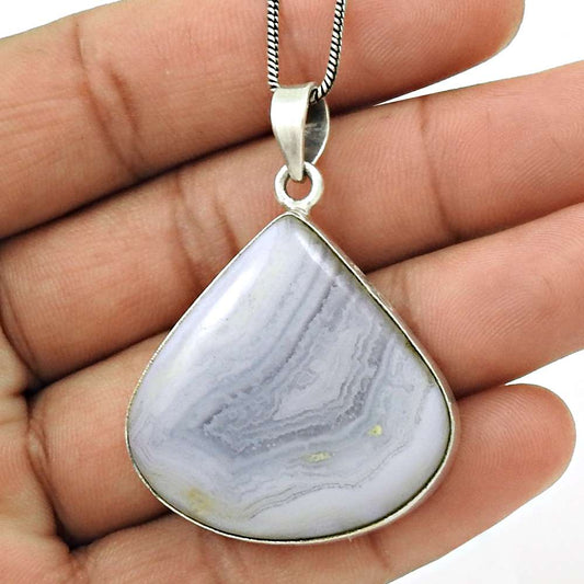 Natural Blue Lace Agate Gemstone Pendant Stylish 925 Silver For Girls A11
