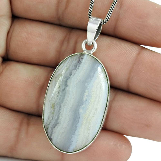 Wedding Gift For Her 925 Silver Natural Blue Lace Agate Pendant Boho E11