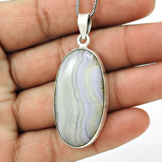 Natural Blue Lace Agate Gemstone Pendant Ethnic 925 Silver For Girls B11