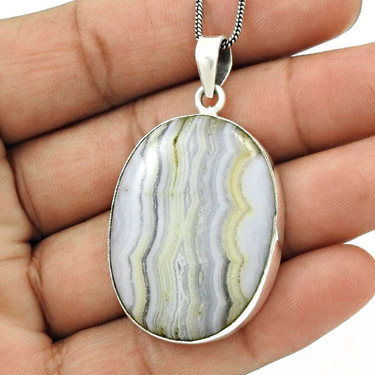 Natural Blue Lace Agate Gemstone Pendant Vintage 925 Silver For Women C11