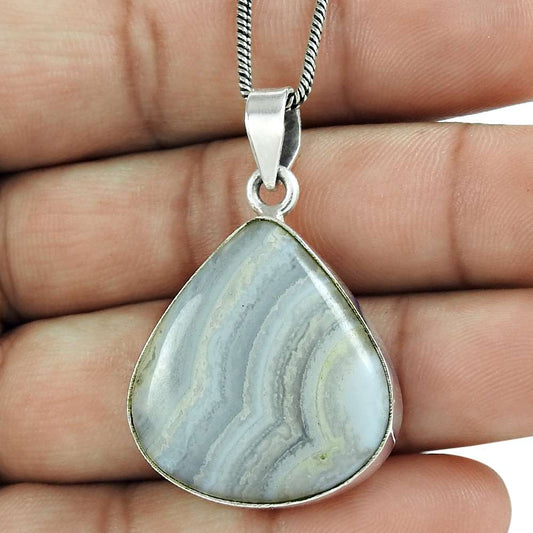 Natural Blue Lace Agate Gemstone Pendant Boho 925 Sterling Silver For Women P25