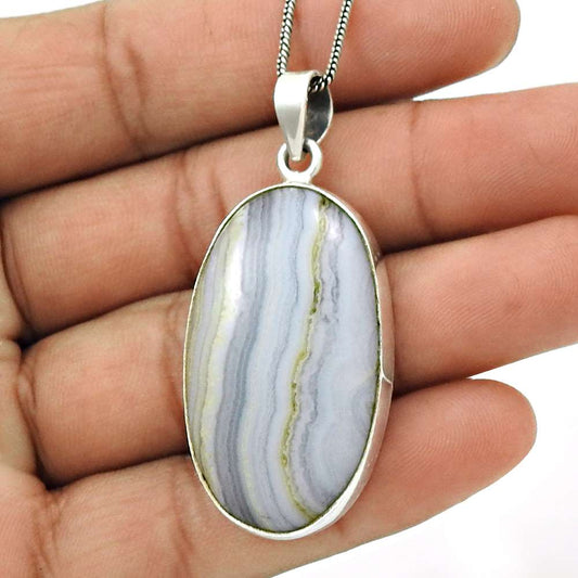 Anniversary Gift For Her Natural Blue Lace Agate Pendant Boho 925 Silver E11