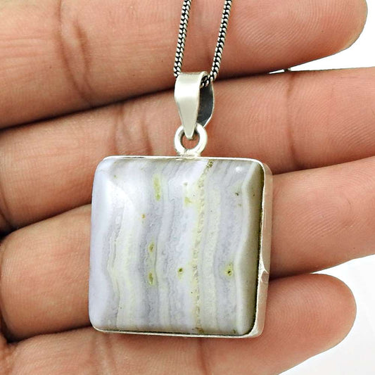Anniversary Gift For Her Natural Blue Lace Agate Pendant Bohemian 925 Silver F11
