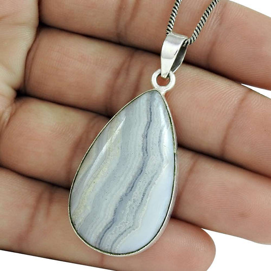 Birthday Gift For Her Natural Blue Lace Agate Pendant Bohemian 925 Silver M5