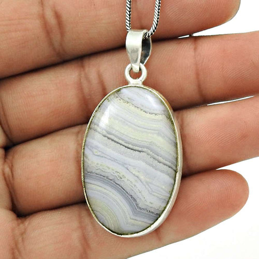 Natural Blue Lace Agate Gemstone 925 Silver Pendant Stylish For Women G11