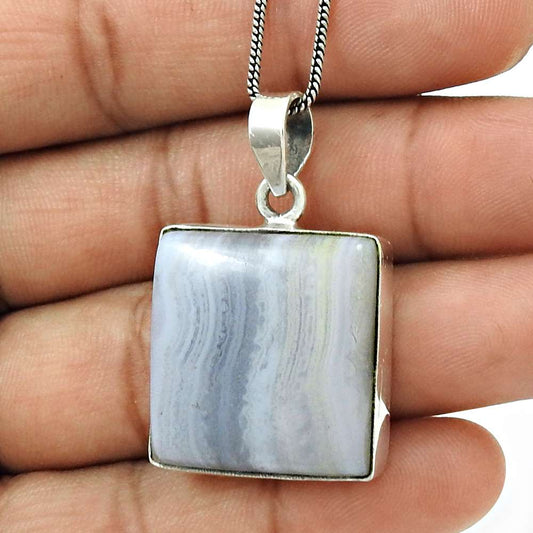 Natural Blue Lace Agate Gemstone 925 Silver Pendant Ethnic For Women H11