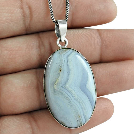 Natural Blue Lace Agate Gemstone 925 Silver Pendant Vintage For Girls A77