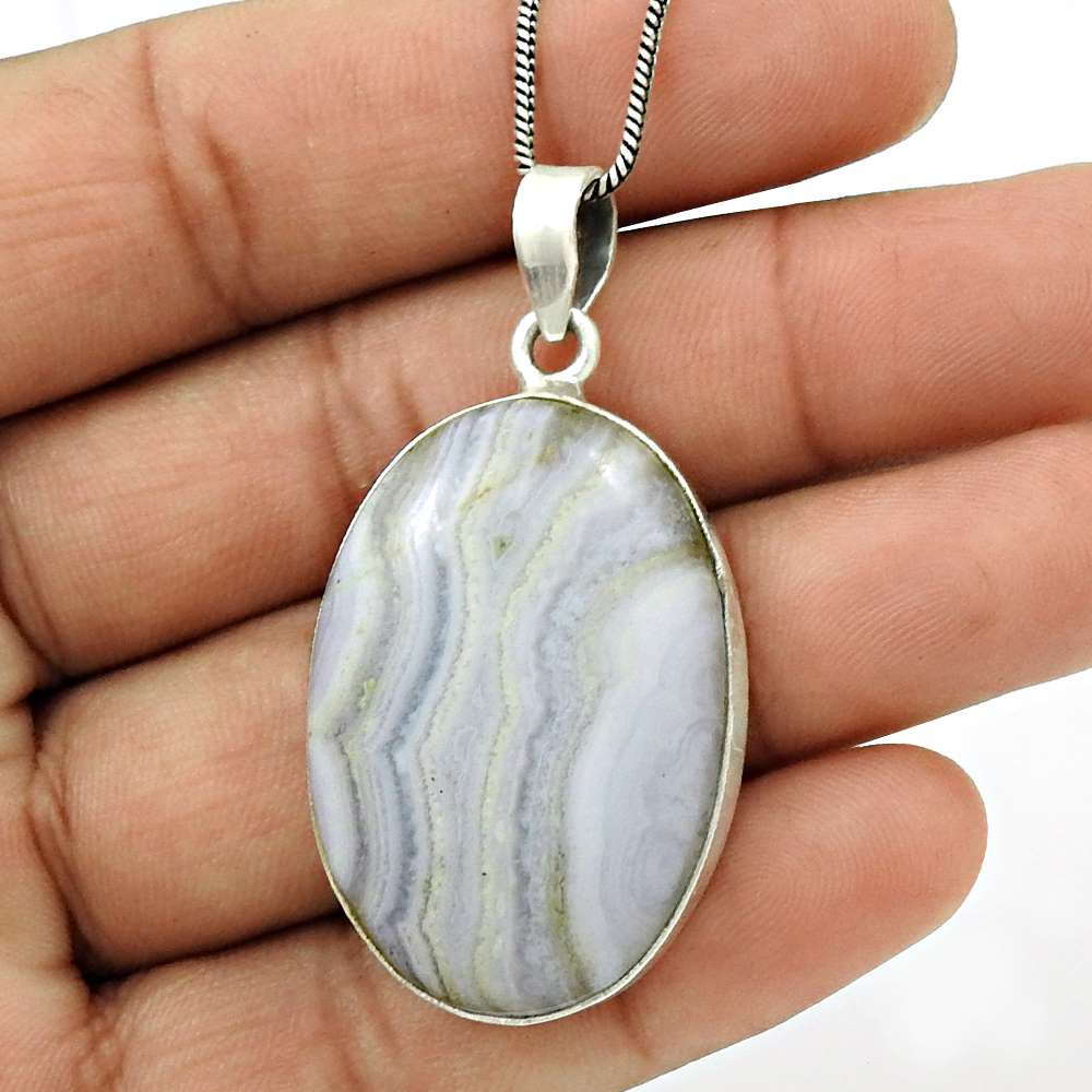 Natural Blue Lace Agate Gemstone Pendant Vintage 925 Silver For Girls I11