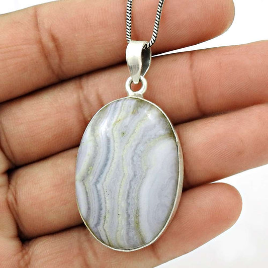 Natural Blue Lace Agate Gemstone Pendant Vintage 925 Silver For Girls I11