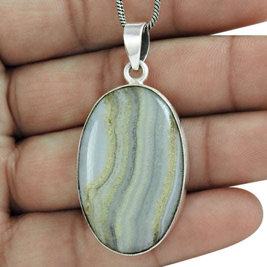 Gift For Women Pendant Bohemian 925 Silver Natural Blue Lace Agate Gemstone G11