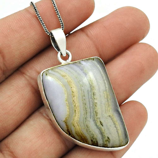 Birthday Gift For Her Natural Blue Lace Agate Pendant Tribal 925 Silver J11