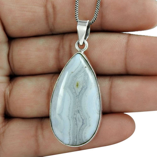 Birthday Gift For Her Natural Blue Lace Agate Pendant Vintage 925 Silver H11