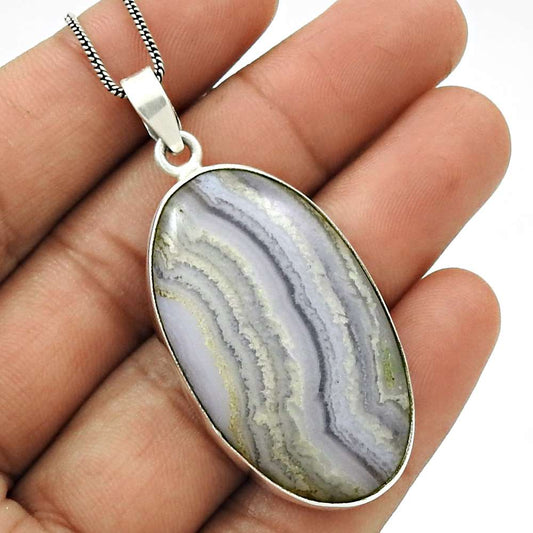 Gift For Women Pendant Boho 925 Silver Natural Blue Lace Agate Gemstone K11