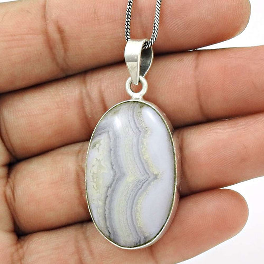 Natural Blue Lace Agate Gemstone 925 Silver Pendant Bohemian For Women L11