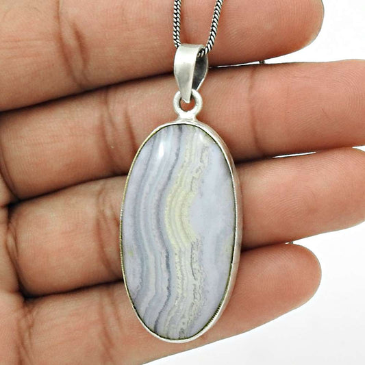 Natural Blue Lace Agate Gemstone Pendant Ethnic 925 Silver For Girls N11