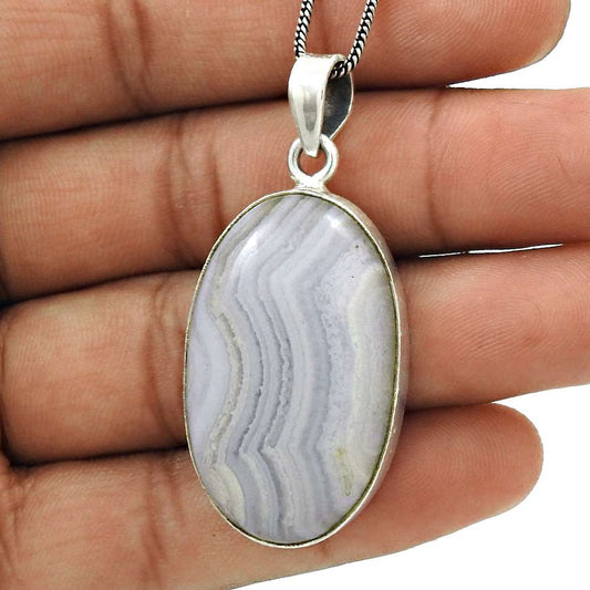 Natural Blue Lace Agate Gemstone Pendant Vintage 925 Silver For Women O11