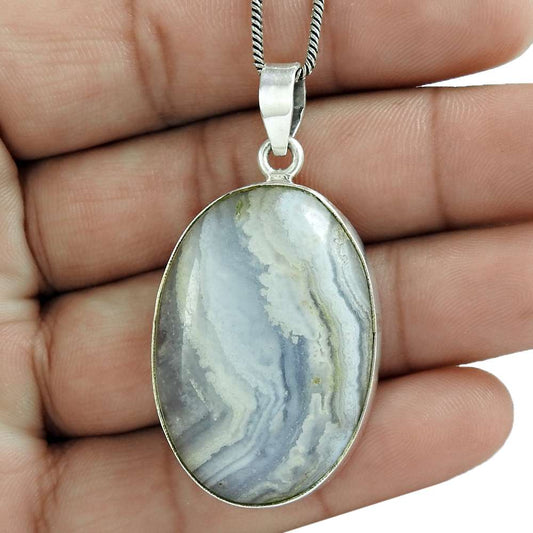 Wedding Gift For Her 925 Silver Natural Blue Lace Agate Pendant Ethnic P39