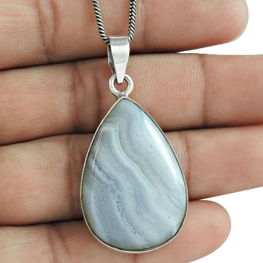 Natural Lace Agate Gemstone Pendant Tribal Blue 925 Sterling Silver Jewelry C34