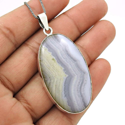 Natural Blue Lace Agate Gemstone Pendant Tribal 925 Silver For Women P11