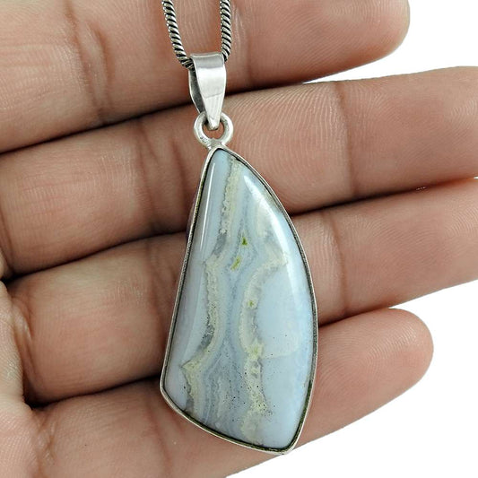 Natural Blue Lace Agate Gemstone Pendant Boho 925 Sterling Silver Jewelry C68