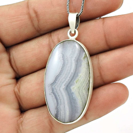 Anniversary Gift For Her Natural Blue Lace Agate Pendant Boho 925 Silver Q3