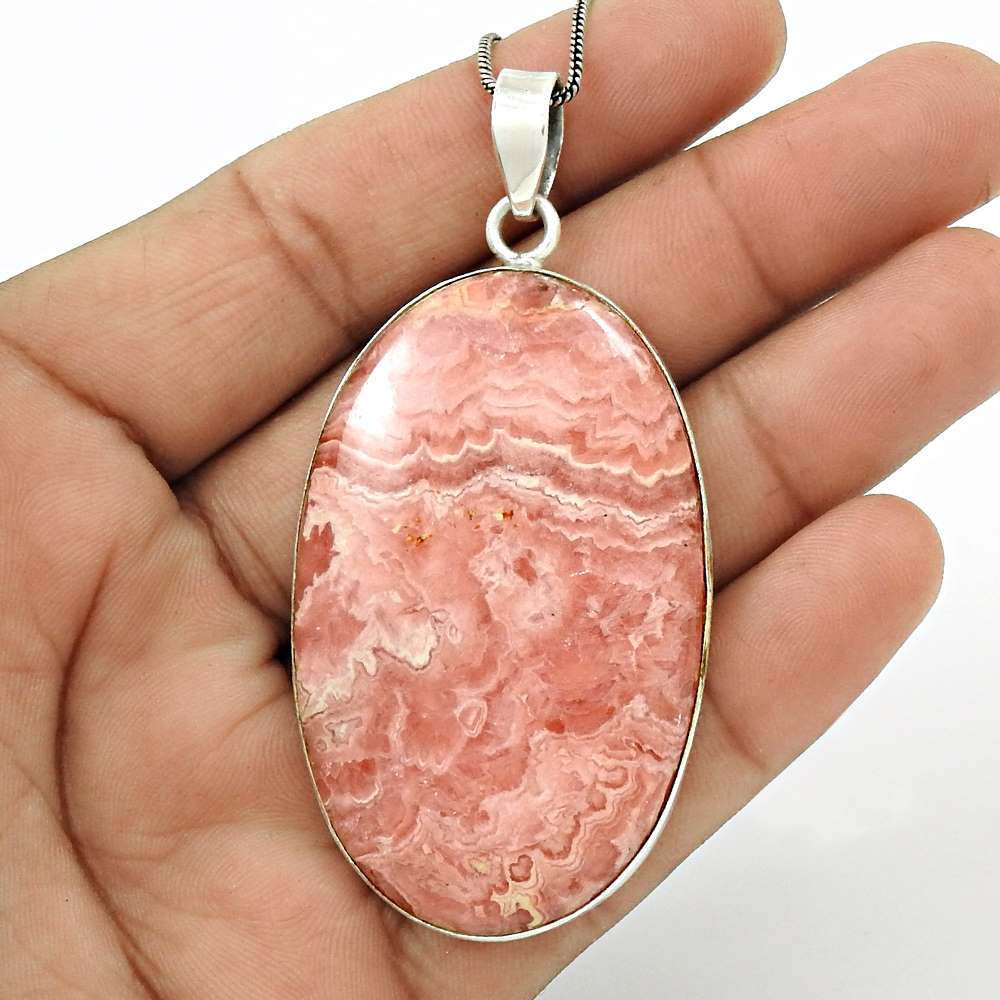 Natural Rhodochrosite Gemstone 925 Sterling Silver Pendant Vintage For Women X9