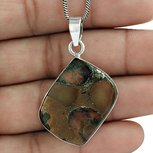 Natural Fuchsite Gemstone Pendant Vintage Brown 925 Sterling Silver Jewelry L6