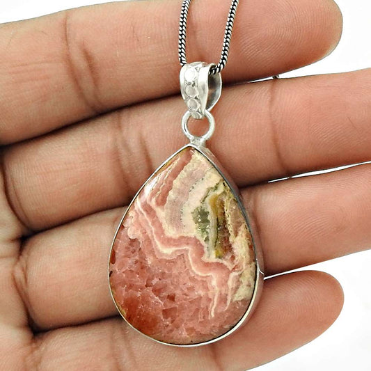 Natural Rhodochrosite Gemstone Pendant Ethnic Pink 925 Sterling Silver U11