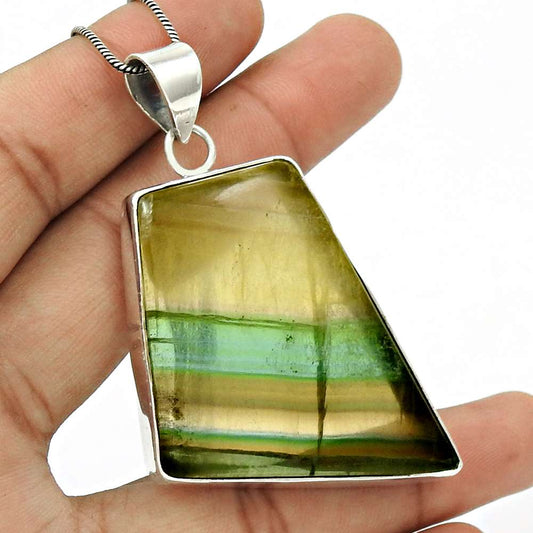 Halloween Gift Natural Fluorite Gemstone Pendant Tribal 925 Sterling Silver J10