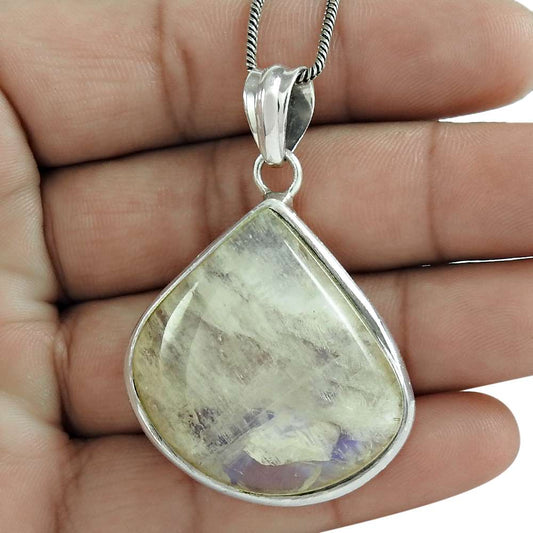 Natural Rainbow Moonstone Gemstone 925 Sterling Silver Pendant For Women J5