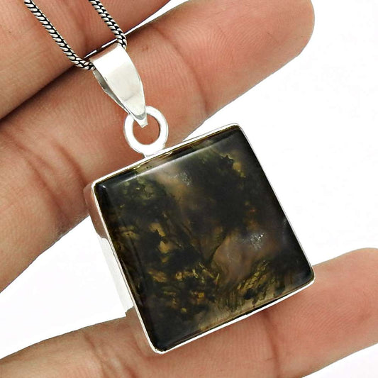 Natural Moss Agate Gemstone Pendant Bohemian Gray 925 Sterling Silver W11