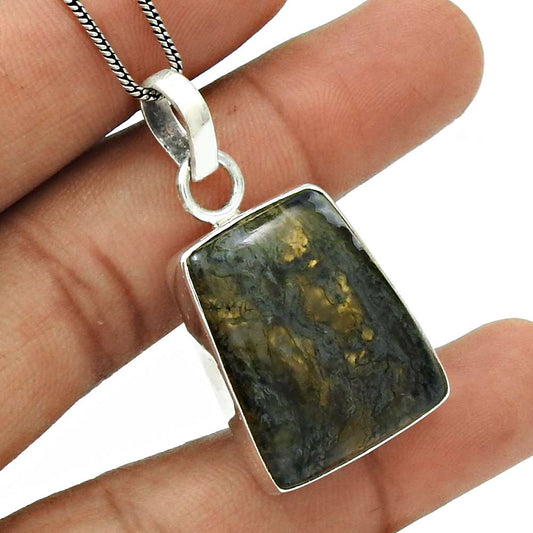 Natural Moss Agate Gemstone Pendant Bohemian Gray 925 Sterling Silver C12