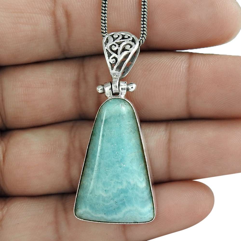 Natural Larimar Gemstone Pendant 925 Sterling Silver Indian Jewelry For Women L5
