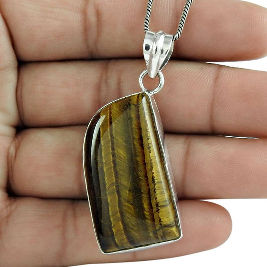 Natural Tiger'S Eye Gemstone Pendant Boho 925 Sterling Silver For Girls B77
