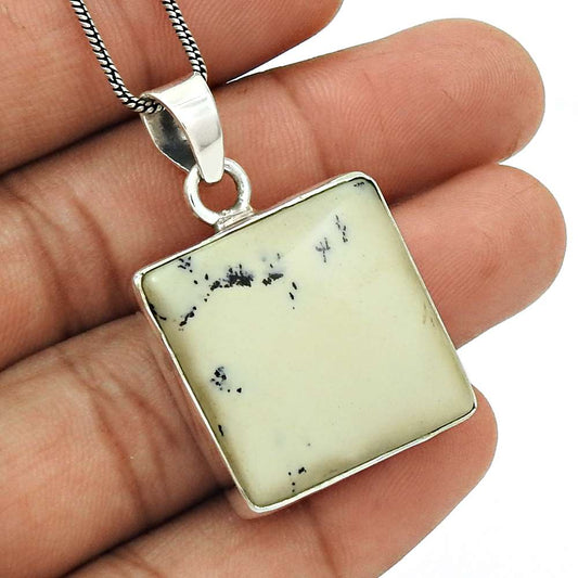 Natural Dendritic Agate Gemstone Pendant Vintage 925 Silver For Girls K12