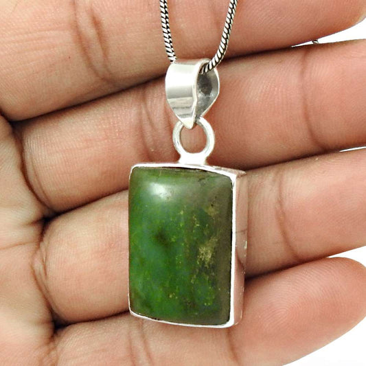 Natural Green Jasper Gemstone Pendant Vintage 925 Sterling Silver For Women Q4