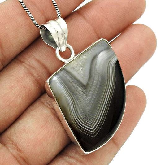 Natural Botswana Agate Gemstone Pendant Tribal Gray 925 Sterling Silver R12