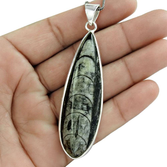 Natural Orthoceras Gemstone 925 Sterling Silver Pendant Vintage For Women T9
