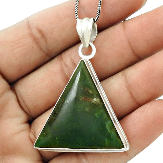 Natural Green Jasper Gemstone Pendant Bohemian 925 Sterling Silver For Women S12