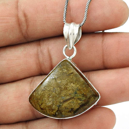 Natural Crinoid Fossil Gemstone Pendant Boho Brown 925 Sterling Silver V12
