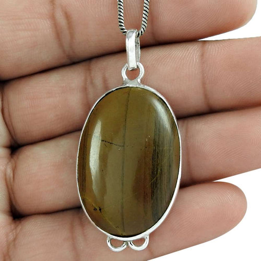 Natural Tiger'S Eye Gemstone Pendant Vintage Brown 925 Sterling Silver W9
